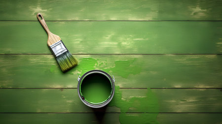 Paintbrush and green paint can on wooden background. Painting conceptの素材