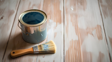 Paint brush and can of paint on a wooden background with copy spaceの素材