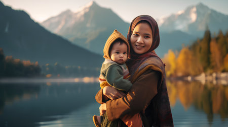 Mother with baby on the background of the lake in the mountains.の素材
