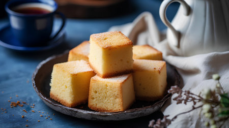 Slices of butter cake on a plate. Selective focus.の素材