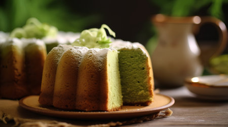 Green tea cake on a brown wooden background. Selective focus.の素材