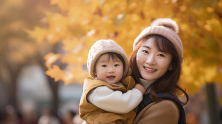 Mother and baby in the autumn park (shallow DOF; color toned image)の素材
