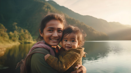 Asian mother and daughter on the background of a mountain lake at sunsetの素材