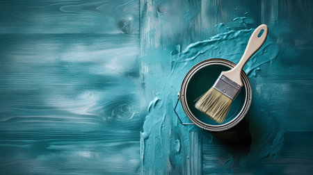 Paint brush in a can of blue paint on a wooden backgroundの素材