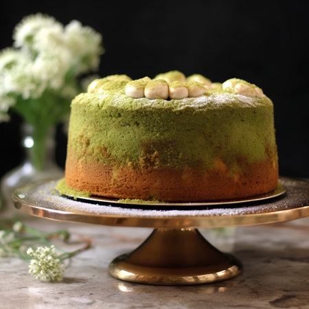 Green tea cake with pistachio and white flowers on a dark backgroundの素材