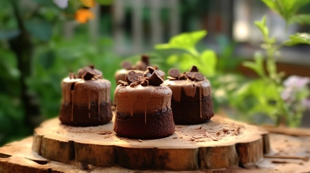 Chocolate cake with chocolate chips on a wooden stump in the gardenの素材