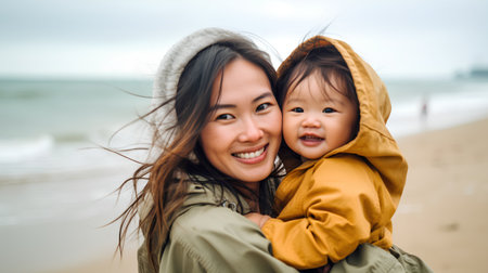 Happy Asian mother and daughter walking on the beach in winter season.の素材