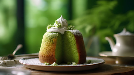 Green tea chiffon cake with whipped cream, selective focus.の素材
