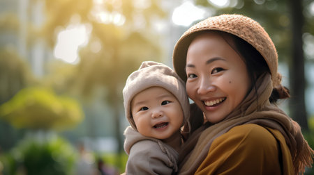 Happy asian mother and her baby in the park at sunset.の素材