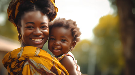 Beautiful african woman with her little daughter in the park.の素材