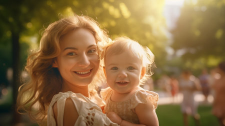 Happy mother with her daughter in the park on a sunny summer dayの素材