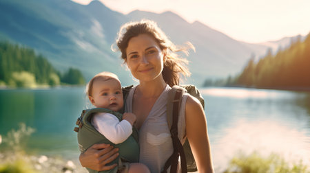 Mother with baby hiking in mountains. Happy family traveling in the mountains.の素材