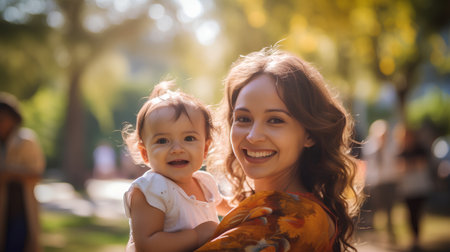 Portrait of a happy mother with her daughter in the park.の素材