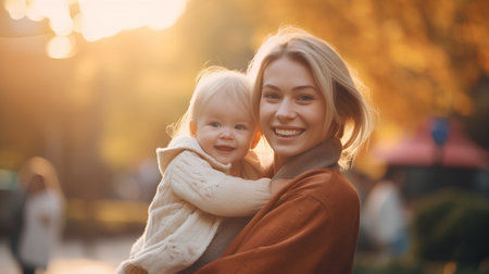Happy mother and daughter in autumn park. Mother and child having fun outdoors.の素材