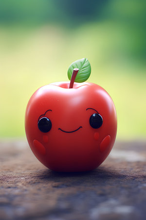 smiling red apple on a wooden table with green background, 3d illustrationの素材