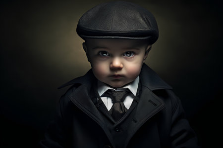Funny little boy in a black suit and cap. Retro style.の素材