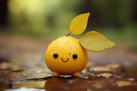 Cute yellow lemon with a smiley face in the rain.の素材