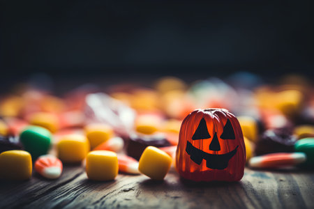 Halloween candies and jack o lantern on wooden background, selective focusの素材