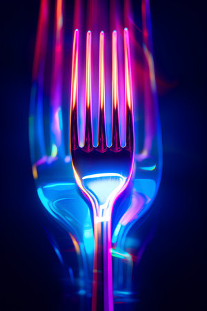 Fork with neon light on dark background. 3d illustration.の素材