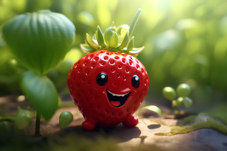 Strawberry character in the garden. Conceptual image of healthy food.の素材