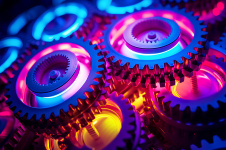 3d illustration of gear wheels over dark background with neon lights.の素材