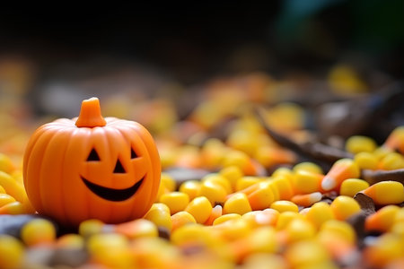 Halloween pumpkin and cob corn on black background, shallow dofの素材