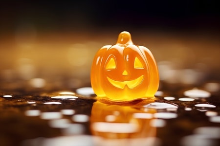 Halloween pumpkin with reflection on black background, shallow depth of fieldの素材