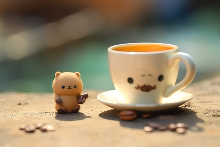 Cup of tea with cute bear on the wooden table, soft focus backgroundの素材