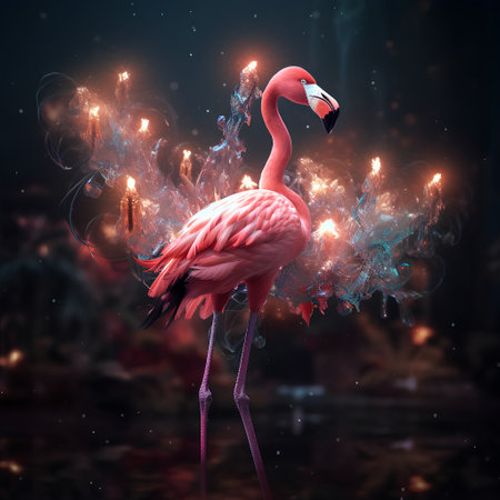 Flamingo with fire effect on dark background. 3d renderingの素材