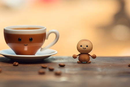 Coffee cup with coffee bean and wooden doll on the tableの素材