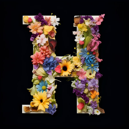 Letter h made of colorful flowers isolated on black background. Floral alphabet.の素材