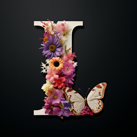 Floral alphabet made of flowers and butterflies isolated on black background. Letter Iの素材