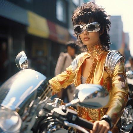 stylish girl in sunglasses riding a motorcycle in the city on the streetの素材