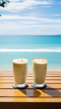 Two cups of cappuccino on wooden table with sea backgroundの素材