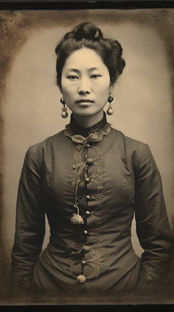 Retro portrait of a beautiful asian woman in traditional Chinese dressの素材