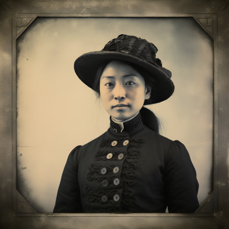 Portrait of a beautiful Asian woman in black dress and hat.の素材