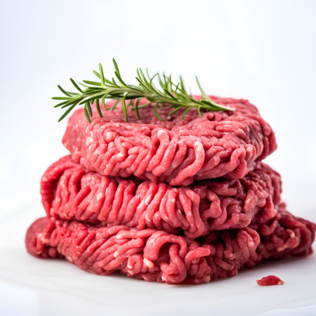 Raw minced beef meat with rosemary twig on white background.の素材