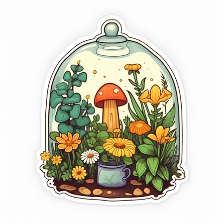 Illustration of a mushroom in a glass jar with a flower potの素材