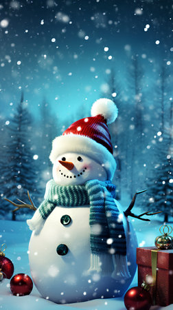 Snowman with christmas decoration in winter forest. Christmas greeting card.の素材