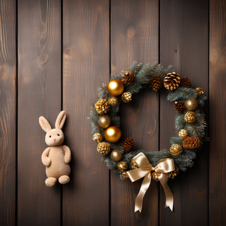 Christmas wreath with toys and fir branches on a dark wooden backgroundの素材