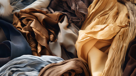 Close up of brown, gray and beige fabric samples in different colorsの素材