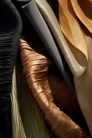 Close-up of a collection of various multicolored fabric samples.の素材