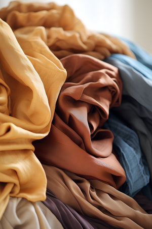 heap of multicolored clothes, close up view, selective focusの素材