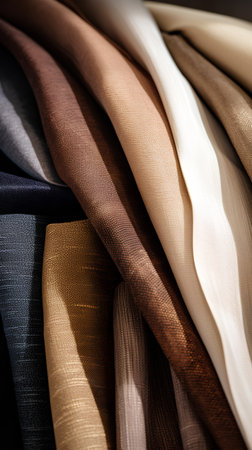 Variety of multicolored fabric samples in a fashion store.の素材
