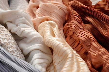 Close up of different color scarves on hangers. Clothes backgroundの素材
