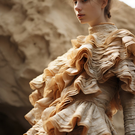 fashion outdoor photo of beautiful sensual woman with blond hair in elegant dress posing in desertの素材