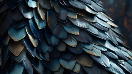 Close up of a black and blue winged bird made of feathersの素材