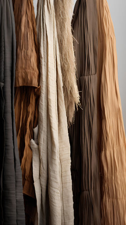 Close up of clothes on hangers in wardrobe. Clothes backgroundの素材
