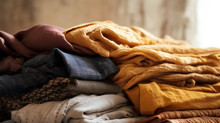 Pile of folded clothes on wooden background. Toned image.の素材