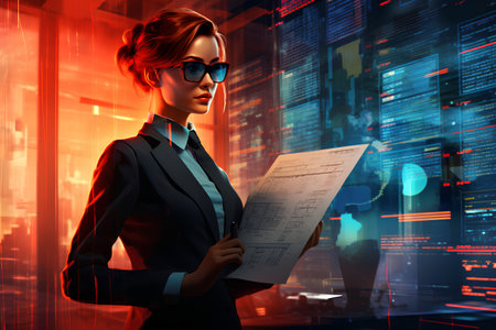 3d illustration of a young woman in a business suit and sunglasses with a tablet in her handsの素材